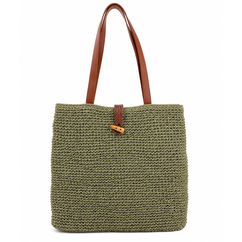 Vintage Y2K Olive Green Woven Knit Straw Boho Crochet Beach Shoulder Bag Purse